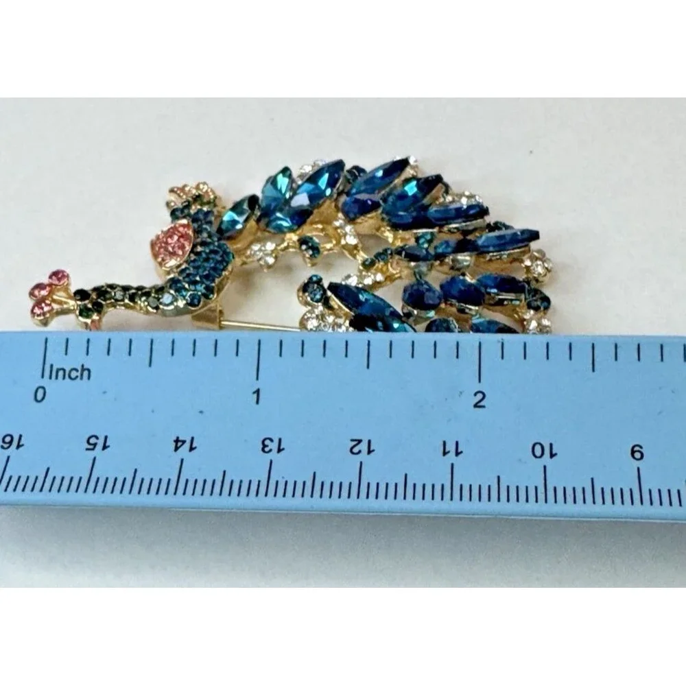 Peacock Brooch Blue Rhinestone Navette Goldtone Pin 2.25”